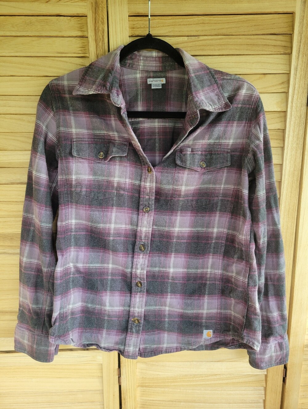 Carhartt Flannel Shirt Womens Medium Purple Gray Plaid Long Sleeve Button Down